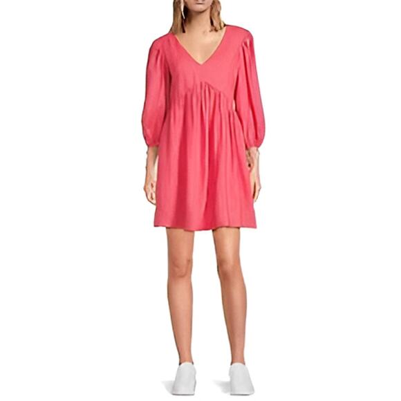 Every 3/4  Sleeve V-Neck Linen Blend Mini Dress Pink Barbiecore Summer Sz S NWT - Picture 8 of 8